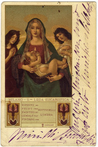 Cartolina firmata Santa Lega Eucaristica. Cromolitografia. Fine XIX secolo.
